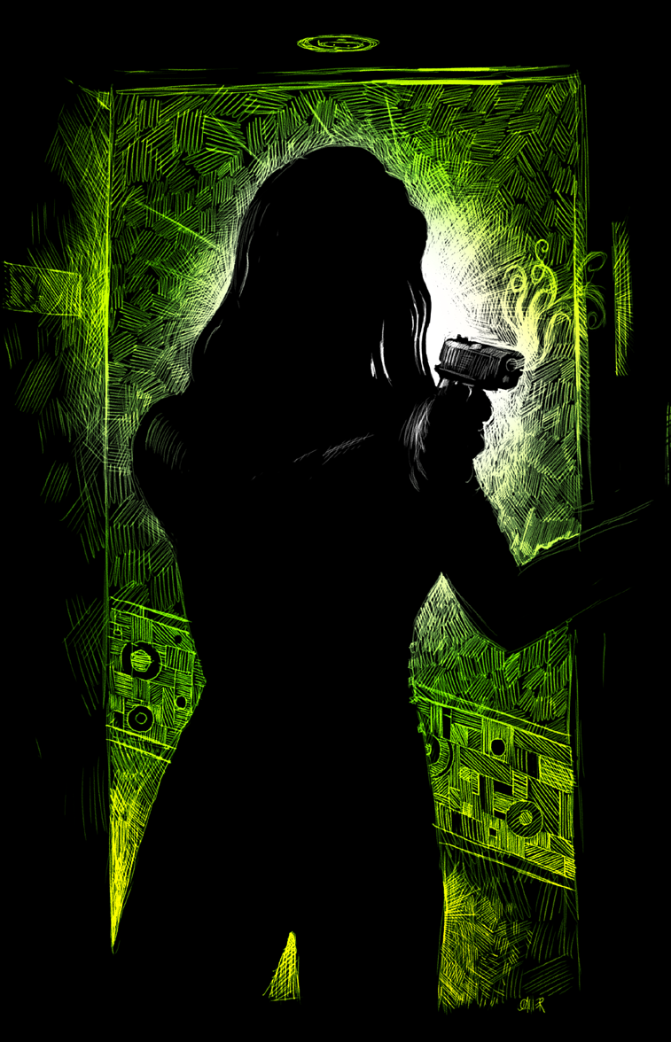 The silhouette of a woman standing at the doorway of a dark room having just fired a gun.